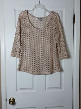 JM Collection Open Crochet Knit Lace Top Boho Chic Pullover Feminine Size L